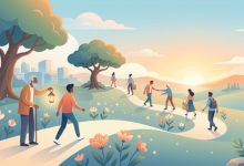 Ilustrasi sekelompok orang melangkah maju di jalan setapak yang cerah menuju matahari terbit, menggambarkan proses berubah jadi lebih baik dan saling membantu dalam Islam.