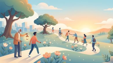 Ilustrasi sekelompok orang melangkah maju di jalan setapak yang cerah menuju matahari terbit, menggambarkan proses berubah jadi lebih baik dan saling membantu dalam Islam.