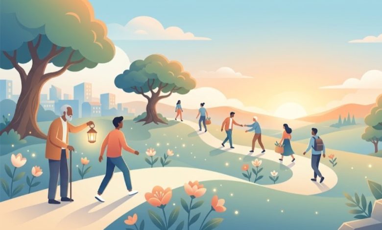 Ilustrasi sekelompok orang melangkah maju di jalan setapak yang cerah menuju matahari terbit, menggambarkan proses berubah jadi lebih baik dan saling membantu dalam Islam.