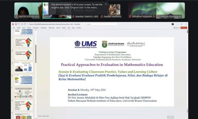 Tangkapan layar sesi 4 kuliah tamu daring MathEdu UMS dan University of Brunei Darussalam membahas evaluasi praktis dan gamifikasi pembelajaran matematika.