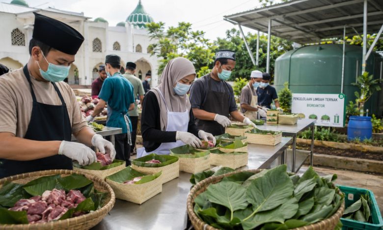 Panitia kurban mengemas daging menggunakan besek bambu dan daun pisang sebagai upaya kurban ramah lingkungan tanpa plastik.