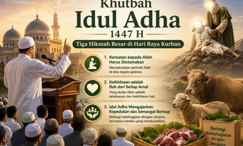 Ilustrasi khutbah Idul Adha tentang ketaatan kepada Allah, keikhlasan beramal, dan semangat berbagi melalui ibadah kurban.