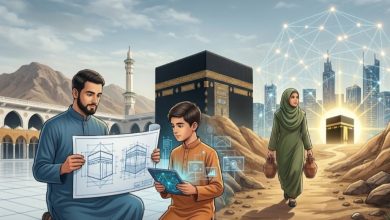 Ilustrasi keluarga Muslim mendesain ketahanan iman dengan latar belakang Ka'bah dan kota digital untuk Khutbah Idul Adha 1447 H.