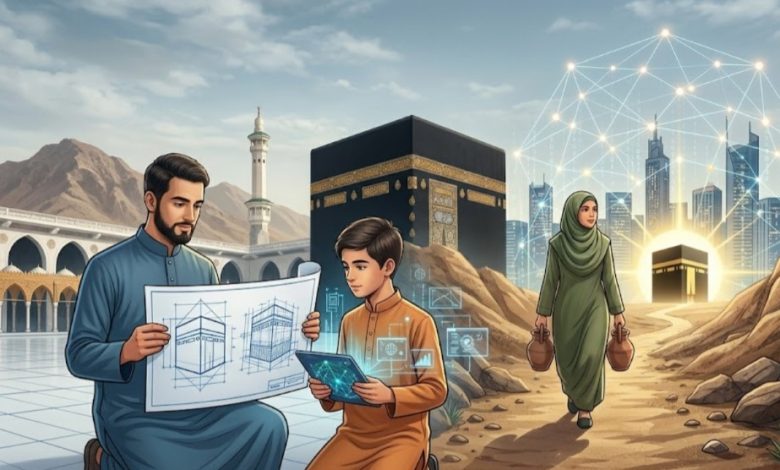Ilustrasi keluarga Muslim mendesain ketahanan iman dengan latar belakang Ka'bah dan kota digital untuk Khutbah Idul Adha 1447 H.
