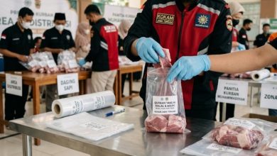 Petugas KOKAM Jawa Tengah mengenakan sarung tangan medis biru saat memasukkan daging kurban segar ke dalam kantong transparan steril berlabel halal dan ASUH di atas meja stainless.