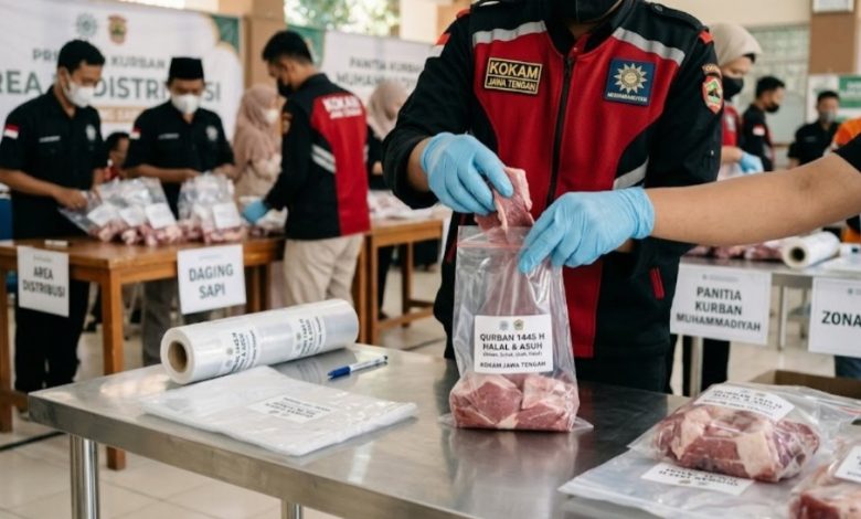 Petugas KOKAM Jawa Tengah mengenakan sarung tangan medis biru saat memasukkan daging kurban segar ke dalam kantong transparan steril berlabel halal dan ASUH di atas meja stainless.