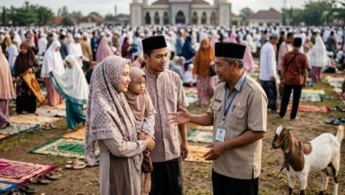 Suasana Lapangan Jati Persada Cilacap usai salat Idul Adha 1447 H. Terlihat seorang panitia kurban sedang mengedukasi satu keluarga Muslim mengenai opsi hewan kurban kambing minimalis, dengan latar belakang ribuan jemaah dan masjid.