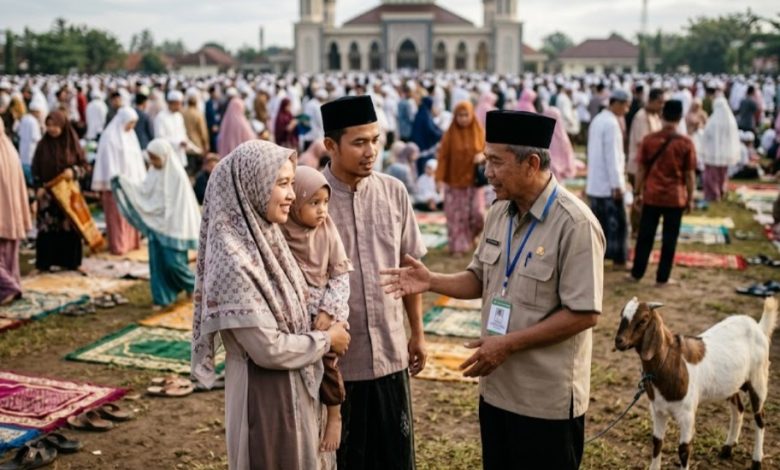 Suasana Lapangan Jati Persada Cilacap usai salat Idul Adha 1447 H. Terlihat seorang panitia kurban sedang mengedukasi satu keluarga Muslim mengenai opsi hewan kurban kambing minimalis, dengan latar belakang ribuan jemaah dan masjid.