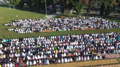 Foto udara ribuan jamaah mengenakan pakaian putih dan mukena warna-warni sedang duduk khusyuk mengikuti pelaksanaan Salat Iduladha 2026 di lapangan Alun-Alun Kutoarjo yang dikelilingi pepohonan.