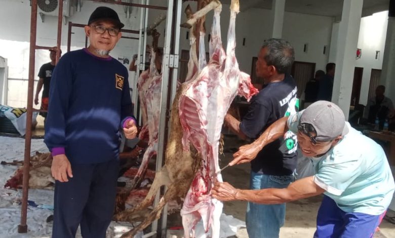 Proses penyembelihan dan pengulitan kurban DAM jemaah haji KBIHU Al Mabrur di Cilacap.