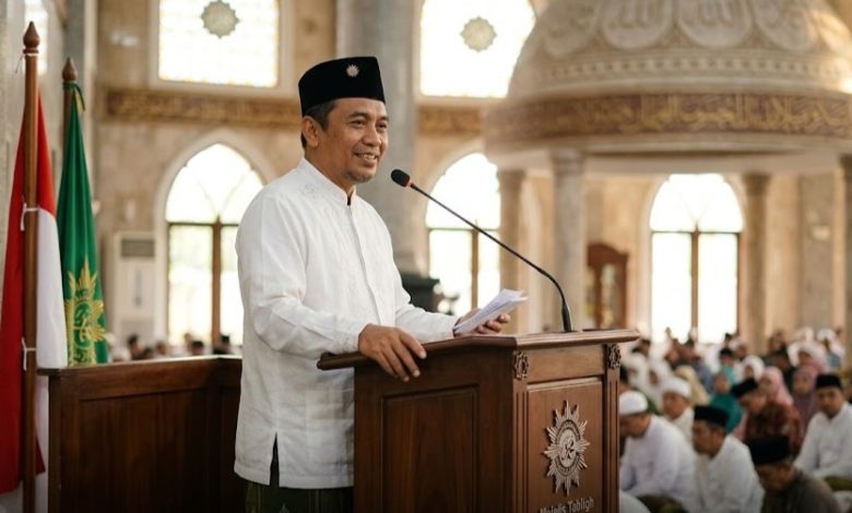 Ilustrasi seorang khatib pria berbaju koko putih dan peci hitam sedang menyampaikan khutbah Idul Adha di atas mimbar masjid di hadapan jamaah.