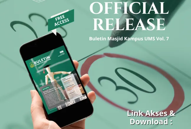 Foto close-up tangan memegang smartphone menampilkan Buletin Masjid Kampus UMS Vol. 7 "Relasi, Identitas, dan Tekanan Akademik" dengan latar belakang kalender tanggal 30 dilingkari merah dan teks "FREE ACCESS".