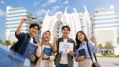 Empat mahasiswa UMP tersenyum gembira merayakan keberhasilan lolos pendanaan PKM 2026 di depan Gedung Rektorat Universitas Muhammadiyah Purwokerto.