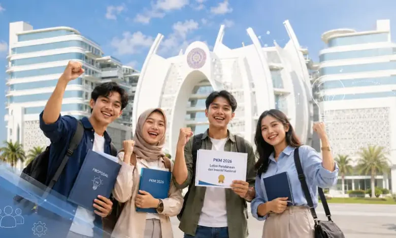 Empat mahasiswa UMP tersenyum gembira merayakan keberhasilan lolos pendanaan PKM 2026 di depan Gedung Rektorat Universitas Muhammadiyah Purwokerto.