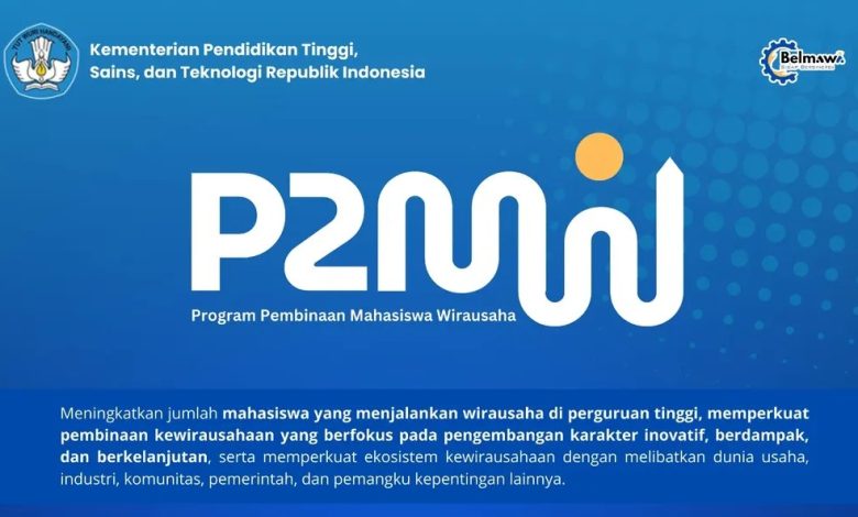 o resmi Program Pembinaan Mahasiswa Wirausaha atau P2MW Kemendiktisaintek dengan latar belakang biru untuk berita hibah P2MW 2026 Universitas Muhammadiyah Purwokerto.