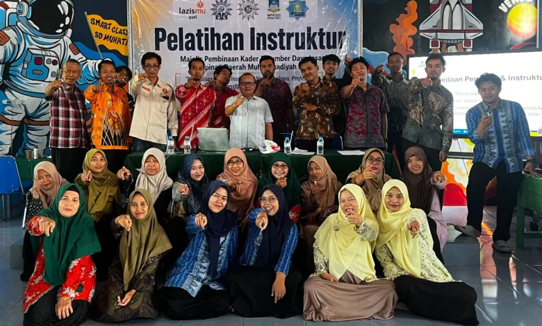 Sekelompok peserta Pelatihan Instruktur MPKSDI PDM Pati berfoto bersama di Smart Class SD Muhati, berpose menunjuk kamera dengan latar belakang spanduk acara dan mural bertema luar angkasa.