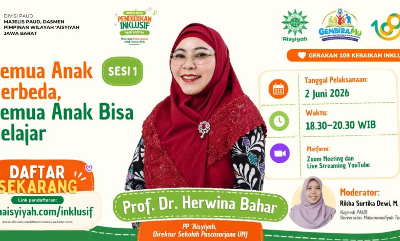 Poster webinar Pendidikan Inklusif PAUD Aisyiyah Jawa Barat dengan pembicara Prof. Dr. Herwina Bahar, bertema Semua Anak Berbeda, Semua Anak Bisa Belajar, 2 Juni 2026.