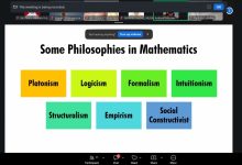 Slide presentasi tentang aliran filsafat matematika seperti Platonisme dan Konstruktivisme Sosial dalam kuliah daring di UMS