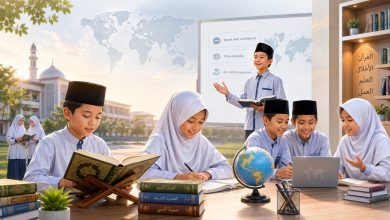 Siswa sekolah Muhammadiyah sedang belajar Al-Qur'an dan menggunakan teknologi digital di ruang kelas modern dengan suasana Islami.