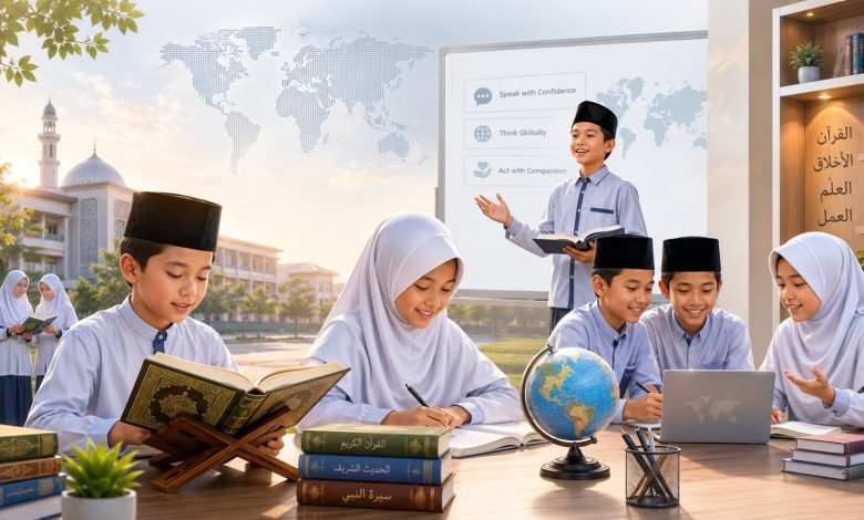 Siswa sekolah Muhammadiyah sedang belajar Al-Qur'an dan menggunakan teknologi digital di ruang kelas modern dengan suasana Islami.