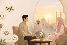 Ilustrasi proses taaruf islami yang berkah dengan lima poin utama kriteria memilih pasangan sesuai syariat.