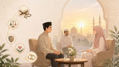 Ilustrasi proses taaruf islami yang berkah dengan lima poin utama kriteria memilih pasangan sesuai syariat.