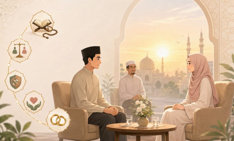 Ilustrasi proses taaruf islami yang berkah dengan lima poin utama kriteria memilih pasangan sesuai syariat.