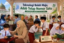 Ilustrasi sinergi orang tua dan guru SD Muhammadiyah PK Banyudono dalam pendidikan karakter anak di era digital dengan semangat "Adab Tetap Nomor Satu".