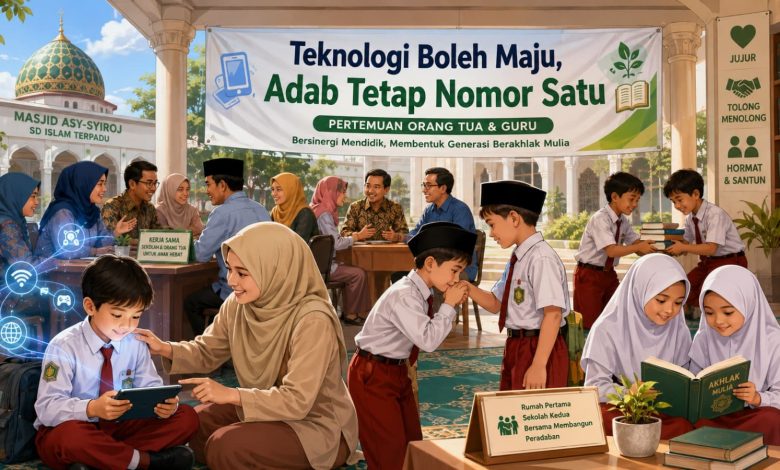 Ilustrasi sinergi orang tua dan guru SD Muhammadiyah PK Banyudono dalam pendidikan karakter anak di era digital dengan semangat "Adab Tetap Nomor Satu".