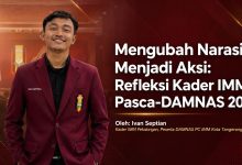 Potret Ivan Septian, Kader IMM Pekalongan berseragam jas merah Ikatan Mahasiswa Muhammadiyah, dengan grafis teks judul opini Mengubah Narasi Menjadi Aksi Refleksi Pasca DAMNAS IMM 2026.