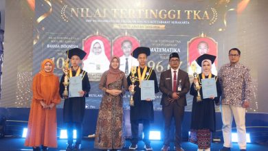 Sekelompok siswa dan guru berdiri di atas panggung dengan latar belakang layar LED besar. Layar tersebut menampilkan teks dalam bahasa Indonesia, termasuk "NILAI TERTINGGI TKA" dan "SMP MUHAMMADIYAH PROGRAM KHUSUS KOTTABARAT SURAKARTA." Di tengah, terdapat foto-foto siswa berprestasi. Dua siswa laki-laki dan satu siswa perempuan yang mengenakan topi toga dan jubah wisuda, masing-masing memegang piala dan piagam. Tiga orang dewasa berdiri di antara mereka; seorang wanita berhijab di sebelah kiri, seorang wanita di tengah, dan seorang pria di sebelah kanan. Dua pria tambahan berada di kedua ujung kelompok tersebut. Seluruh kelompok berpose menghadap kamera.