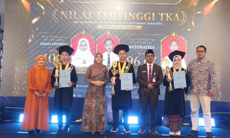 Sekelompok siswa dan guru berdiri di atas panggung dengan latar belakang layar LED besar. Layar tersebut menampilkan teks dalam bahasa Indonesia, termasuk "NILAI TERTINGGI TKA" dan "SMP MUHAMMADIYAH PROGRAM KHUSUS KOTTABARAT SURAKARTA." Di tengah, terdapat foto-foto siswa berprestasi. Dua siswa laki-laki dan satu siswa perempuan yang mengenakan topi toga dan jubah wisuda, masing-masing memegang piala dan piagam. Tiga orang dewasa berdiri di antara mereka; seorang wanita berhijab di sebelah kiri, seorang wanita di tengah, dan seorang pria di sebelah kanan. Dua pria tambahan berada di kedua ujung kelompok tersebut. Seluruh kelompok berpose menghadap kamera.