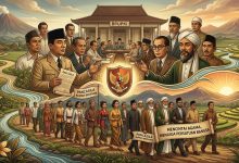 Ilustrasi sejarah tokoh bangsa dan ulama merumuskan makna Pancasila sebagai dasar negara di gedung BPUPKI untuk persatuan Indonesia.