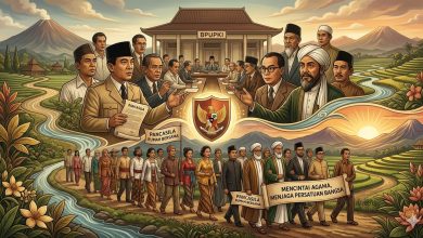 Ilustrasi sejarah tokoh bangsa dan ulama merumuskan makna Pancasila sebagai dasar negara di gedung BPUPKI untuk persatuan Indonesia.
