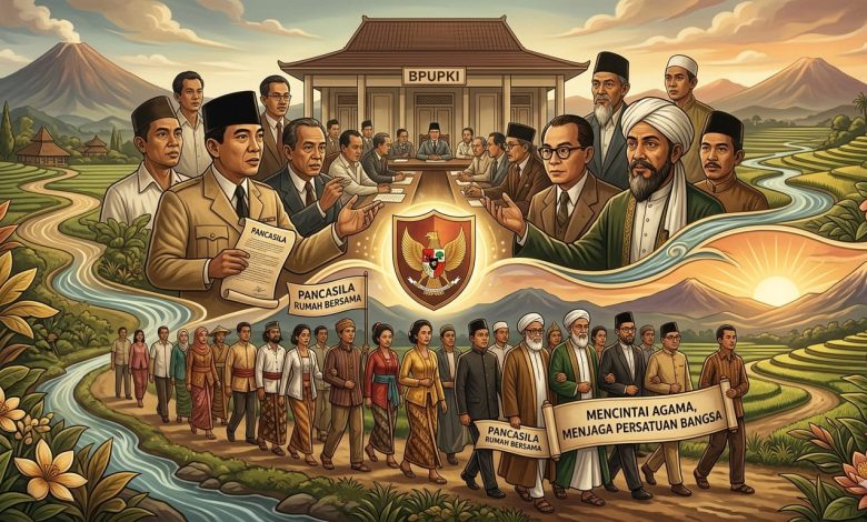 Ilustrasi sejarah tokoh bangsa dan ulama merumuskan makna Pancasila sebagai dasar negara di gedung BPUPKI untuk persatuan Indonesia.