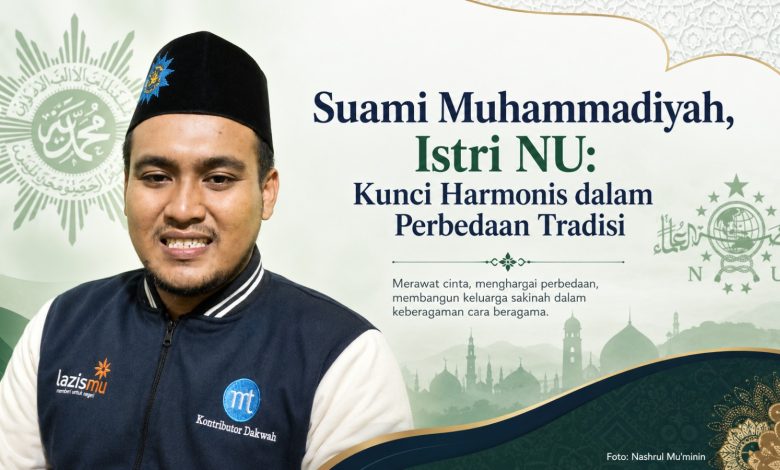 Ilustrasi poster artikel tentang harmoni rumah tangga beda tradisi, menampilkan seorang narasumber pria dengan peci logo Muhammadiyah dan kemeja 'Lazismu', diapit oleh lambang Muhammadiyah dan NU di latar belakang, dengan judul utama "Suami Muhammadiyah, Istri NU: Kunci Harmonis dalam Perbedaan Tradisi".