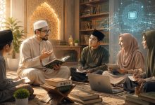 Sekelompok murid Muslim, laki-laki dan perempuan, duduk melingkar mendengarkan seorang guru paruh baya mengajar dalam sebuah perpustakaan yang menggabungkan elemen arsitektur Islam klasik dan teknologi modern, dengan grafis hologram di atas.