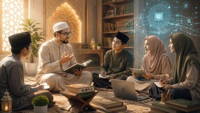 Sekelompok murid Muslim, laki-laki dan perempuan, duduk melingkar mendengarkan seorang guru paruh baya mengajar dalam sebuah perpustakaan yang menggabungkan elemen arsitektur Islam klasik dan teknologi modern, dengan grafis hologram di atas.