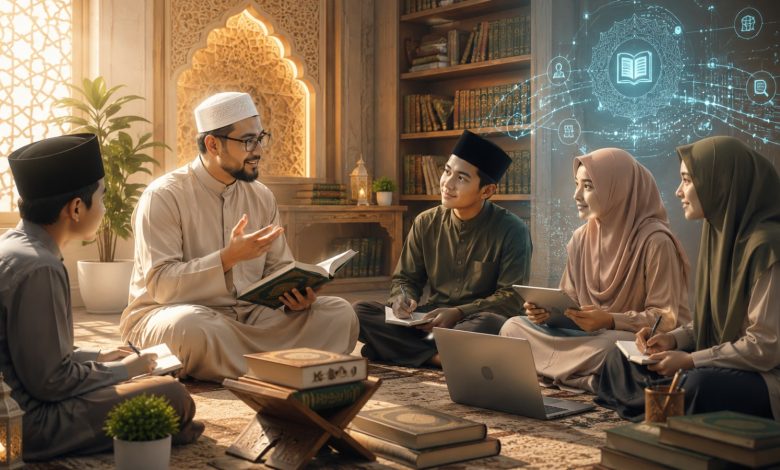 Sekelompok murid Muslim, laki-laki dan perempuan, duduk melingkar mendengarkan seorang guru paruh baya mengajar dalam sebuah perpustakaan yang menggabungkan elemen arsitektur Islam klasik dan teknologi modern, dengan grafis hologram di atas.
