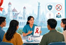 Tenaga medis memberikan edukasi kesehatan tentang pencegahan penularan HIV kepada warga Semarang sebagai langkah deteksi dini dan sosialisasi perilaku hidup sehat.