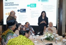 Perwakilan komunitas lintas agama sedang berdiskusi dalam Workshop Konsolidasi Aksi Iklim Lintas Iman dengan latar belakang layar presentasi roadmap tahapan implementasi 5 tahun di Hutan Kota by Plataran, Jakarta.