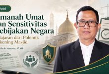 Infografis artikel opini Amanah Umat dan Sensitivitas Kebijakan Negara oleh Budhi Hartanto mengenai polemik rekening masjid.