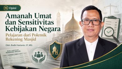 Infografis artikel opini Amanah Umat dan Sensitivitas Kebijakan Negara oleh Budhi Hartanto mengenai polemik rekening masjid.