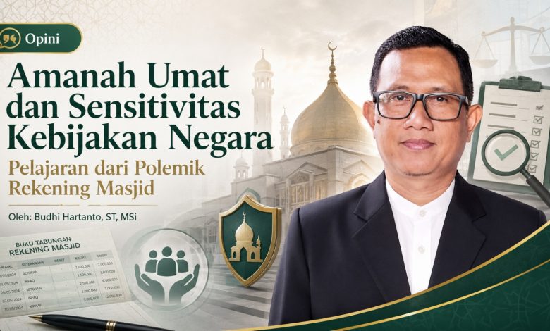 Infografis artikel opini Amanah Umat dan Sensitivitas Kebijakan Negara oleh Budhi Hartanto mengenai polemik rekening masjid.