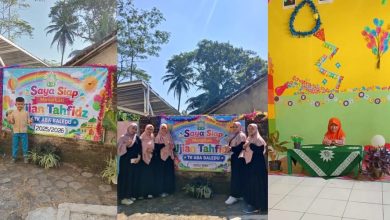 Kolase foto pelaksanaan Ujian Tahfidz Al-Qur'an di TK ABA Baledu, menampilkan siswa dan para guru penguji dengan latar banner kegiatan.