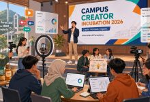 Ilustrasi mahasiswa mengikuti workshop Campus Creator Incubation 2026, berdiskusi membuat konten kreatif menggunakan laptop, gawai, ring light, dan mempromosikan produk lokal UMKM Purwokerto.