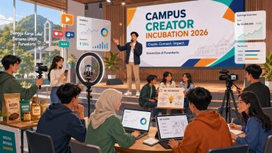 Ilustrasi mahasiswa mengikuti workshop Campus Creator Incubation 2026, berdiskusi membuat konten kreatif menggunakan laptop, gawai, ring light, dan mempromosikan produk lokal UMKM Purwokerto.