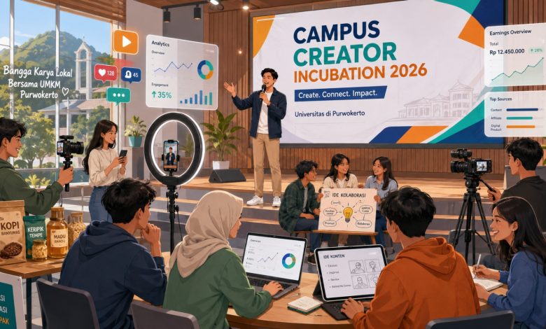 Ilustrasi mahasiswa mengikuti workshop Campus Creator Incubation 2026, berdiskusi membuat konten kreatif menggunakan laptop, gawai, ring light, dan mempromosikan produk lokal UMKM Purwokerto.