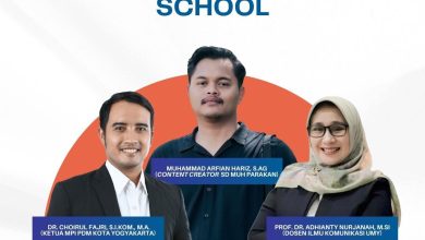 Pamflet digital kegiatan Pelatihan Digital Branding of Muhammadiyah School yang menampilkan foto tiga narasumber utama, yaitu Dr. Choirul Fajri, S.I.Kom., M.A., Muhammad Arfian Hariz, S.Ag., dan Prof. Dr. Adhianty Nurjanah, M.Si. Di bagian bawah terdapat informasi jadwal Jumat 12 Juni 2026 di Amphitarium Kampus 4 UAD mulai pukul 13:00 WIB.