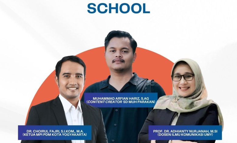 Pamflet digital kegiatan Pelatihan Digital Branding of Muhammadiyah School yang menampilkan foto tiga narasumber utama, yaitu Dr. Choirul Fajri, S.I.Kom., M.A., Muhammad Arfian Hariz, S.Ag., dan Prof. Dr. Adhianty Nurjanah, M.Si. Di bagian bawah terdapat informasi jadwal Jumat 12 Juni 2026 di Amphitarium Kampus 4 UAD mulai pukul 13:00 WIB.